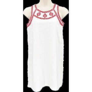 J McLaughlin Shift Dress Size M White Embroidered 100% Linen Pockets Knee Length